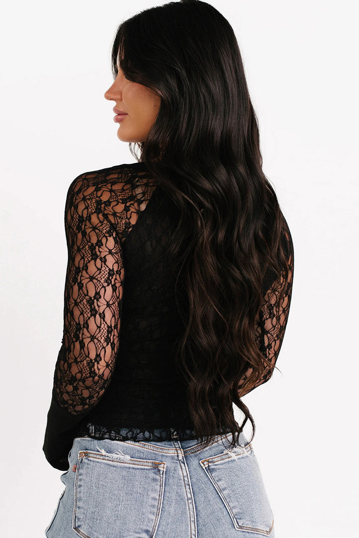 Black Sheer Lace Long Sleeve Slim Henley Top