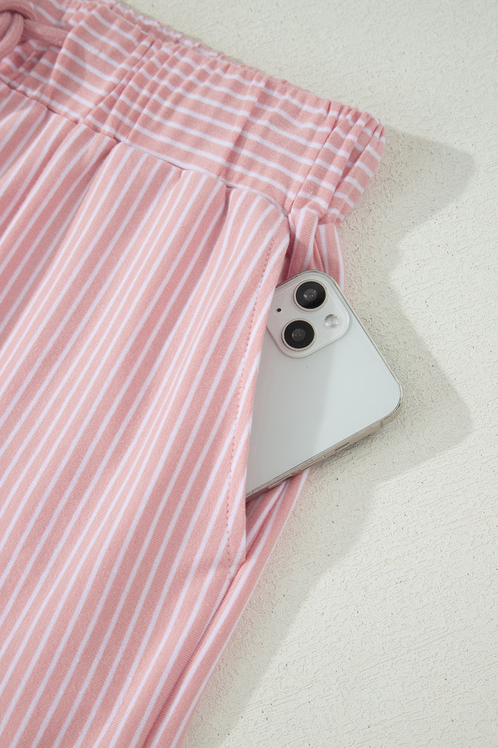 Pink Stripe Dolman Sleeve Polo Shirt and Drawstring Shorts Set