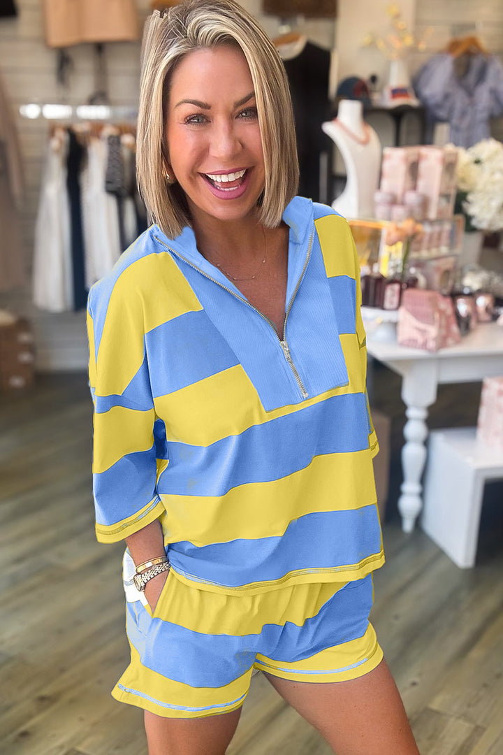 Yellow Stripe Seam Detail Half Zip Tee Casual Shorts 2pcs Set