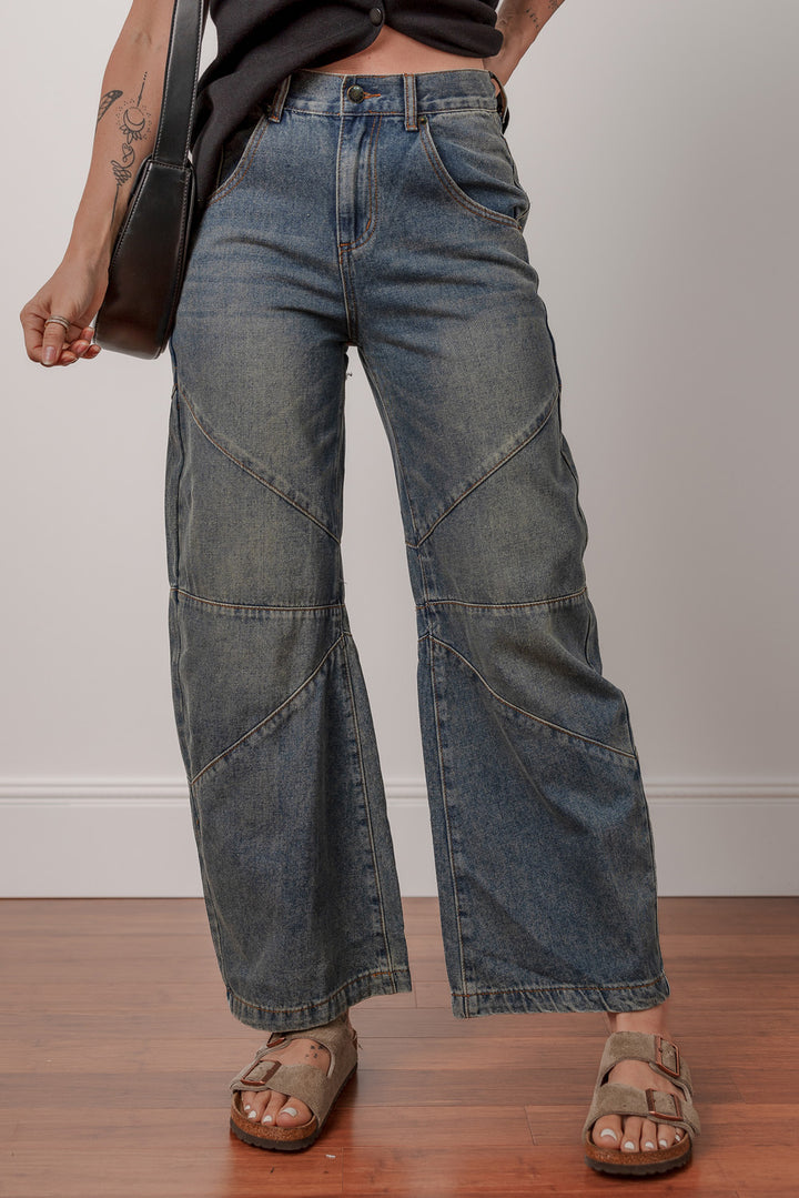 Sail Blue Exposed Stitching Loose Straight High Waist Jeans