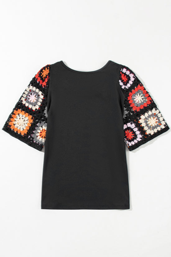 Black Floral Crochet Short Sleeve Top | Women