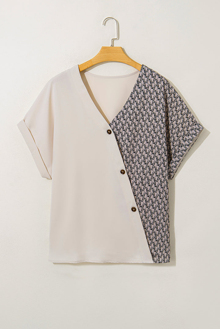 Oatmeal Contrast Geometric Print Patchwork V Neck Short Sleeve Plus Size Top