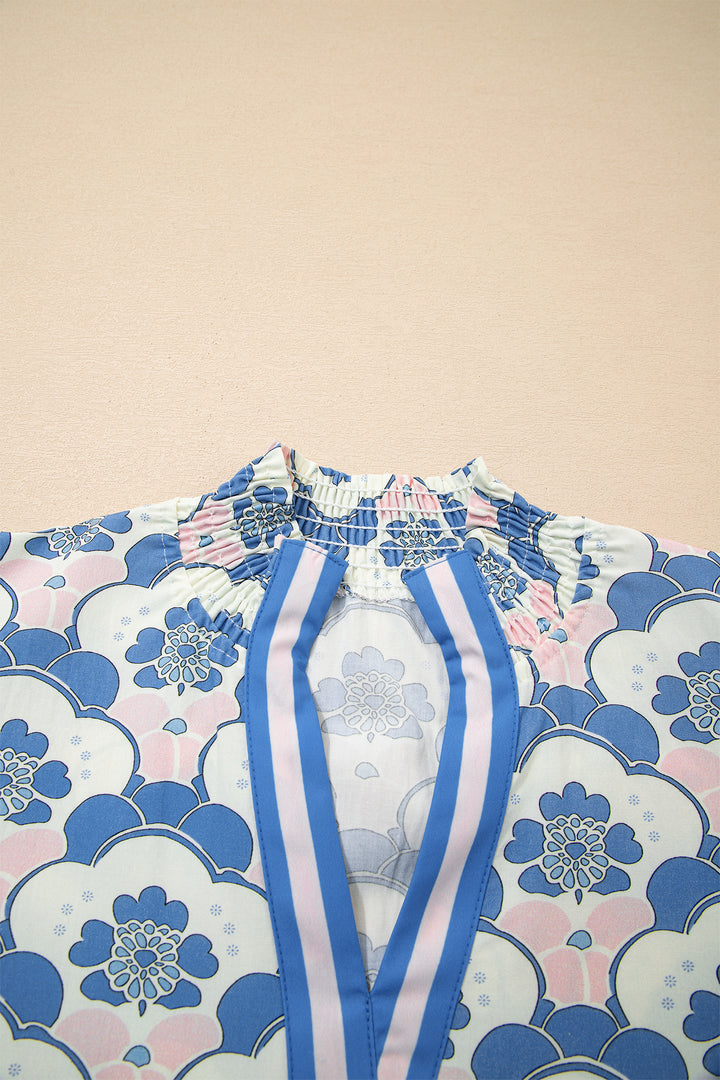 Sky Blue Floral Print Flounced Short Sleeve Contrast Trim V Neck Blouse