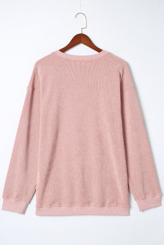 Pink Solid Ribbed Knit Round Neck Pullover Sweatshirt