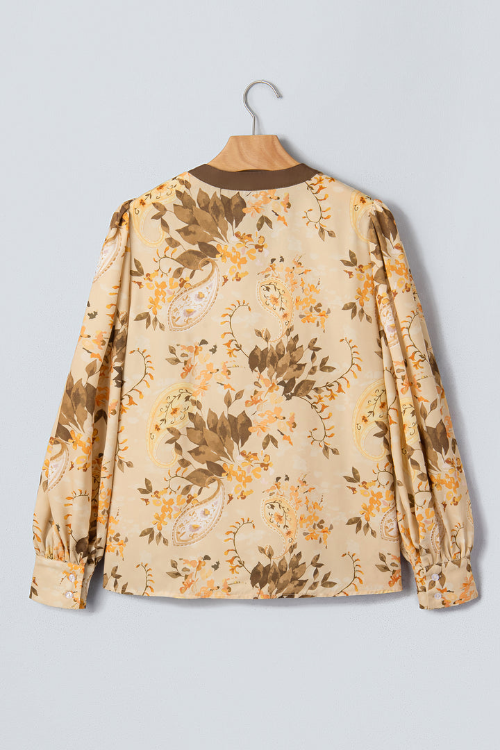 Khaki Paisley Print Tie Neck Long Sleeve Blouse