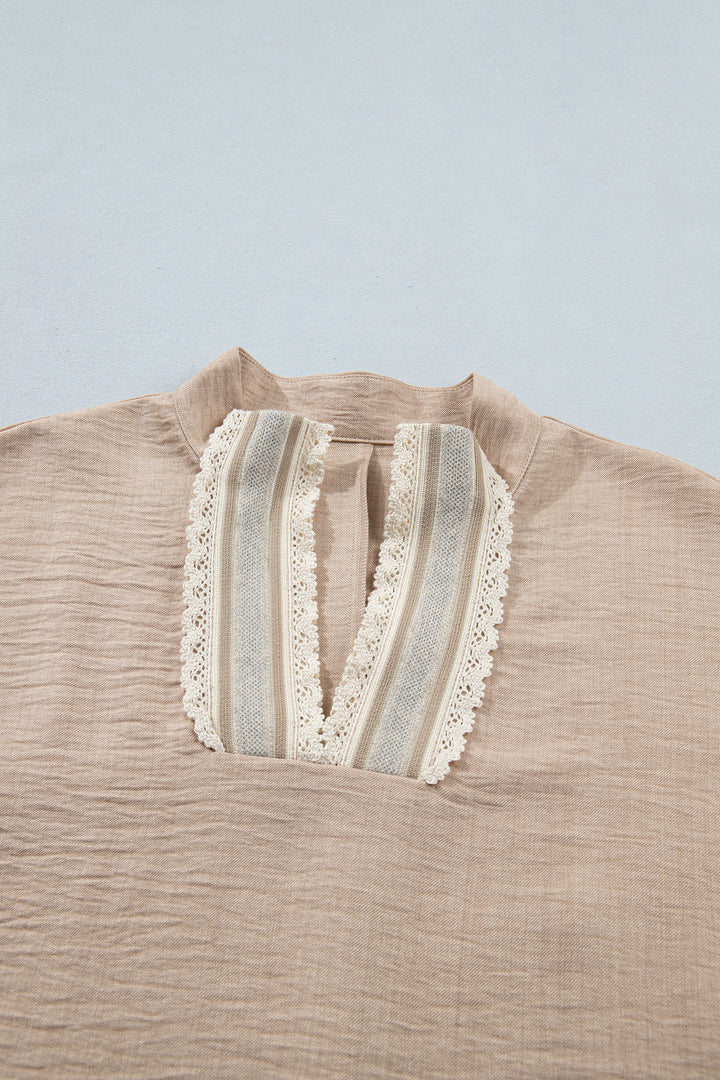 Parchment Crochet Lace Accent Pullover Rolled Short Sleeve Blouse