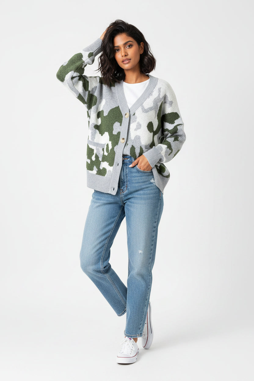 Green Camouflage Drop Shoulder V Neck Button Front Cardigan