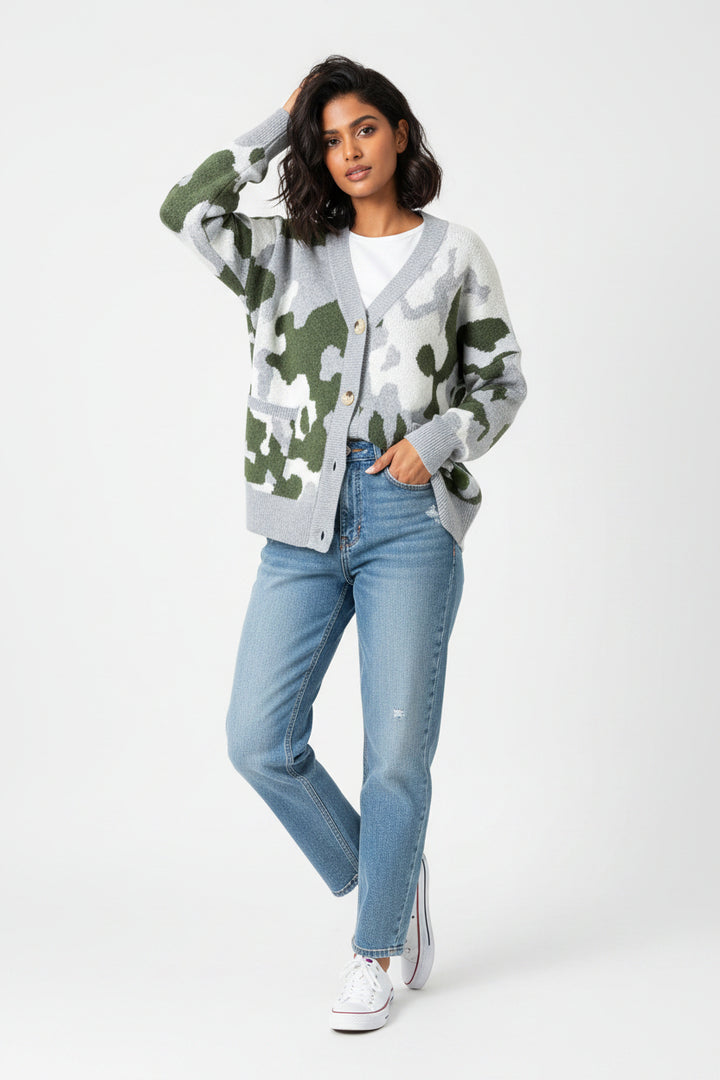 Green Camouflage Drop Shoulder V Neck Button Front Cardigan