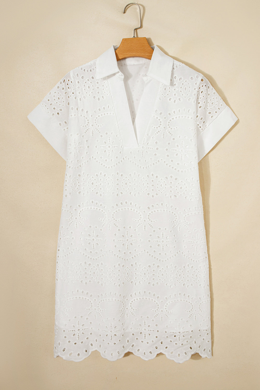 White Solid Color Eyelet Embroidered Cotton T Shirt Mini Dress