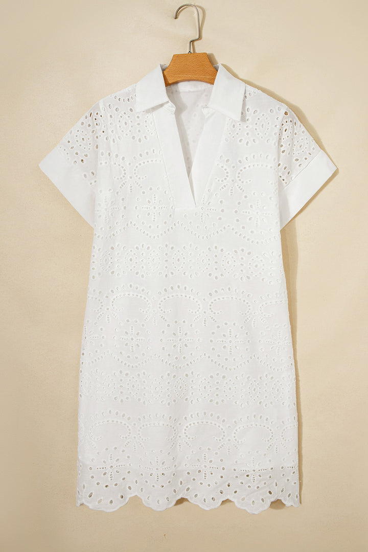 White Solid Color Eyelet Embroidered Cotton T Shirt Mini Dress