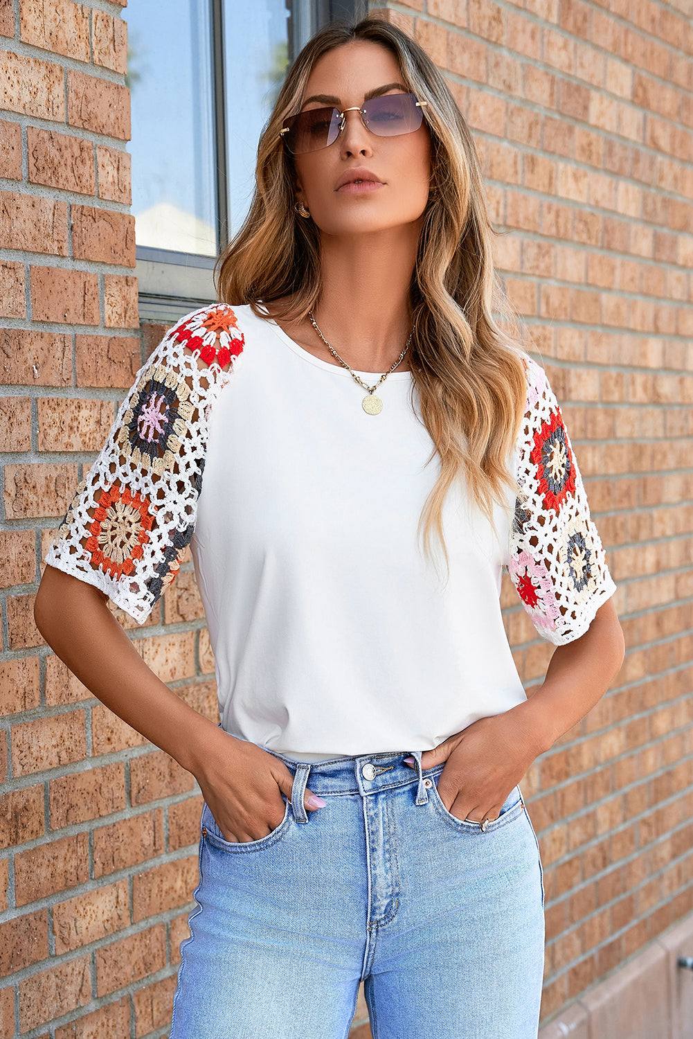 White Floral Crochet Short Sleeve Top | Women