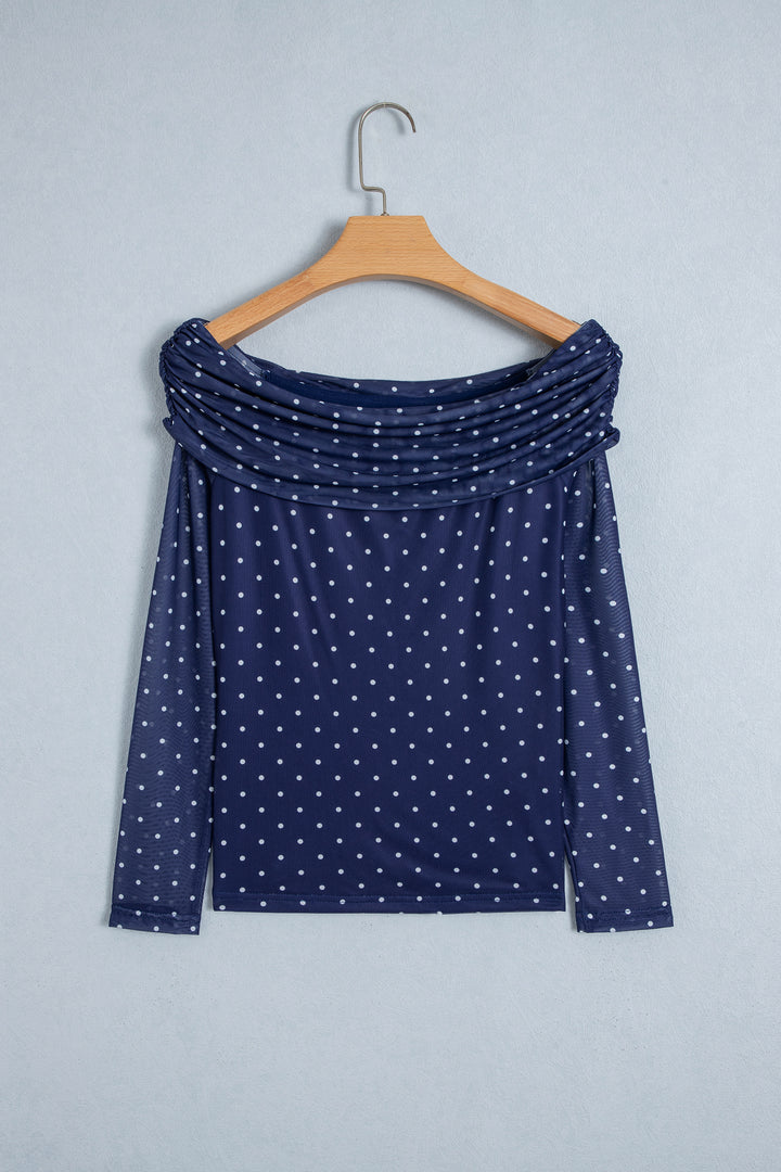 Blue Off Shoulder Polka Dot Mesh Long Sleeve Sheath Top