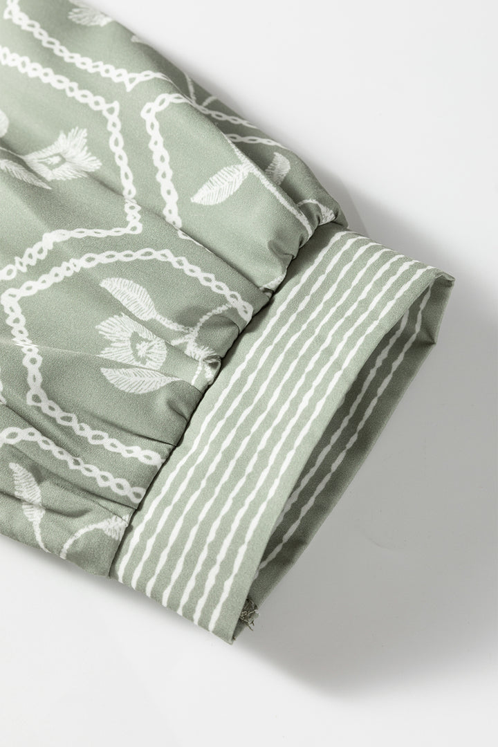 Grass Green Floral Puff Sleeve Contrast V Neck Patchwork Blouse