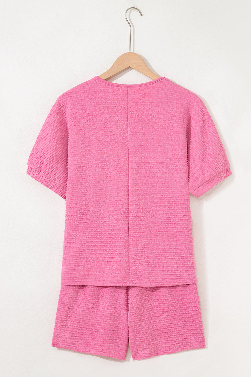 Pink Textured V Neck T Shirt and Shorts Set