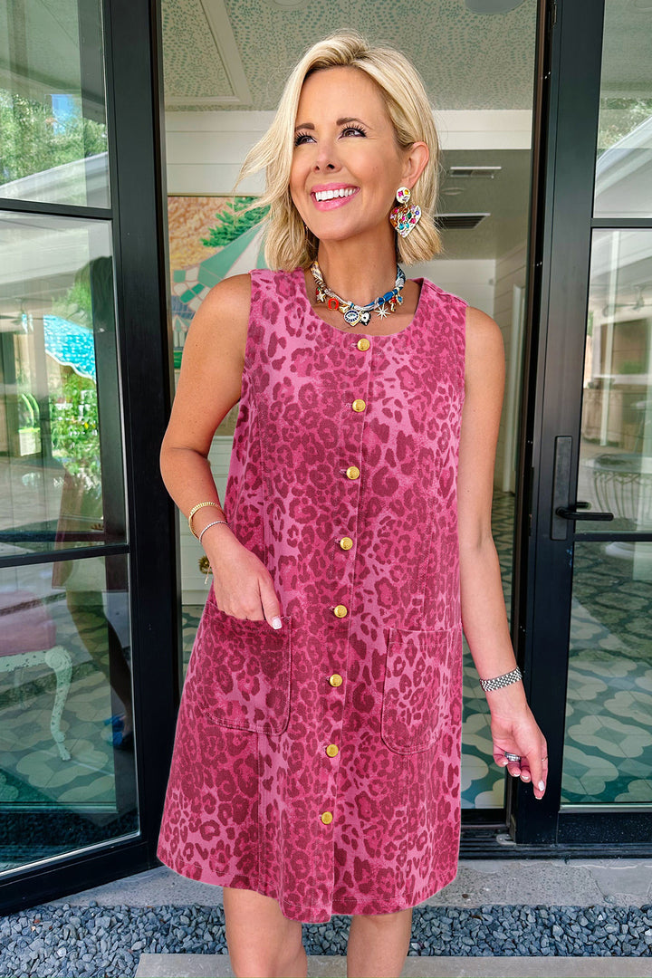 Pink Leopard Denim Buttoned Shift Sleeveless Dress