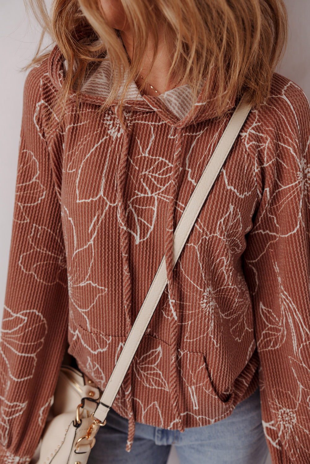 Brown Floral Twisted Rib Drawstring Kangaroo Pocket Hoodie