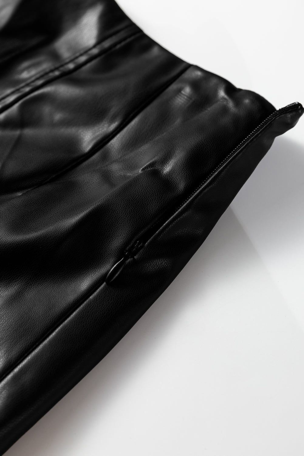 Black Faux Leather Retro Buckle Detail Pleated Stitch Flared Midi Skirt