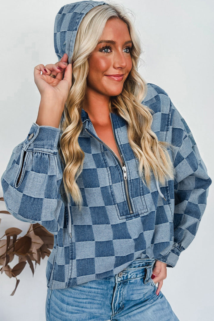 Sky Blue Checkerboard Oversized Zipped Neck Kangaroo Pocket Denim Hoodie