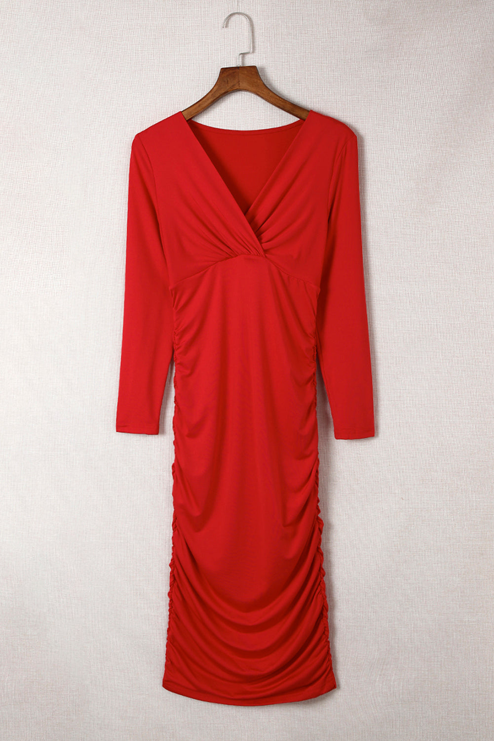 Fiery Red Long Sleeves Wrap V Neck Ruched Sheath Bodycon Dress | Women