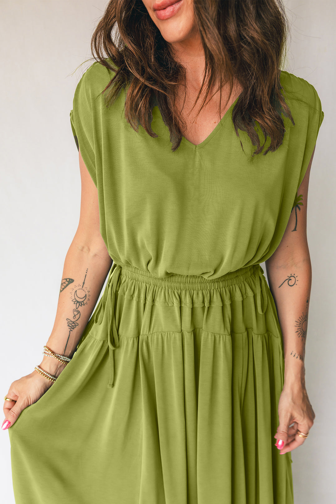 Fern Green Solid V Neck Cap Sleeve Tunic Elastic Waist Versatile Maxi Dress