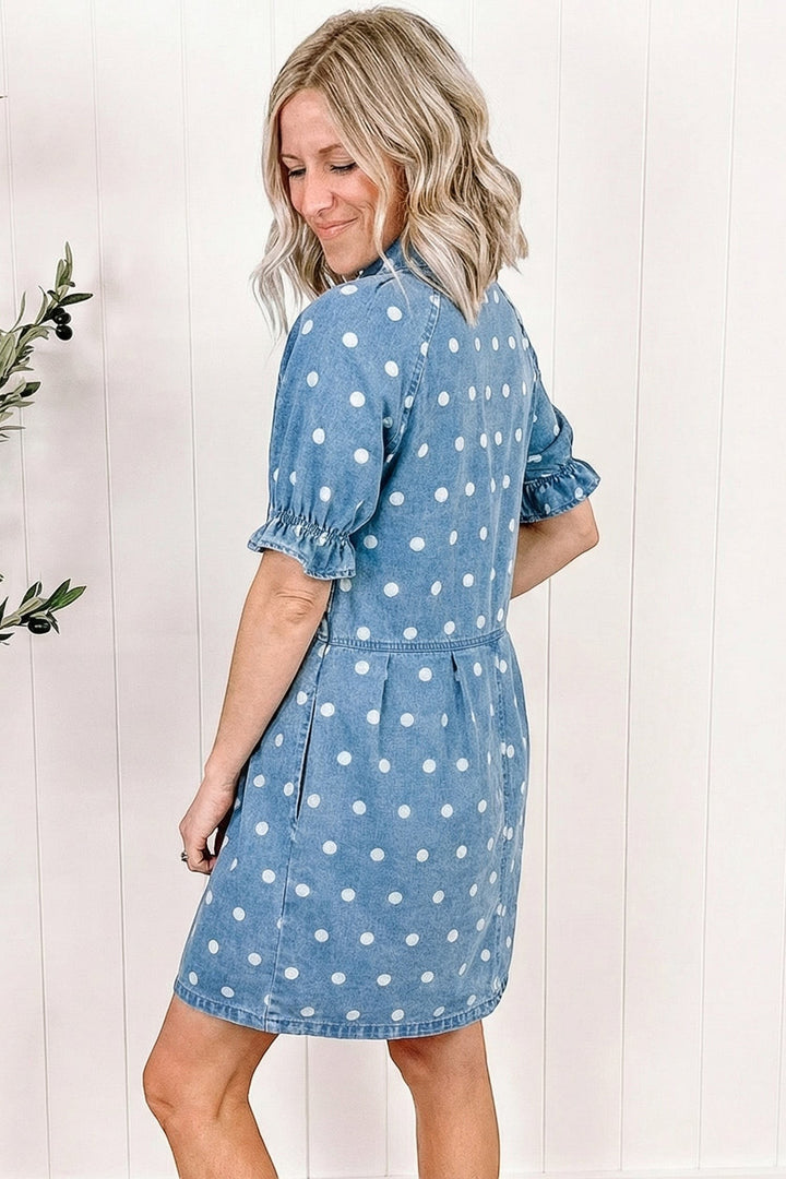 Sky Blue Polka Dot Print Ruffled Short Puff Sleeve Button Down Loose Denim Dress
