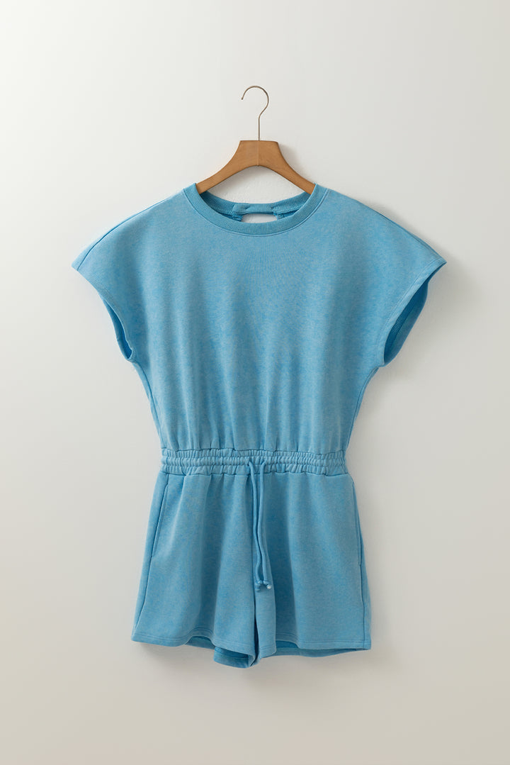 Mist Blue Mineral Wash Drawstring Elastic Waistband Hollow Out Back Short Sleeve Romper