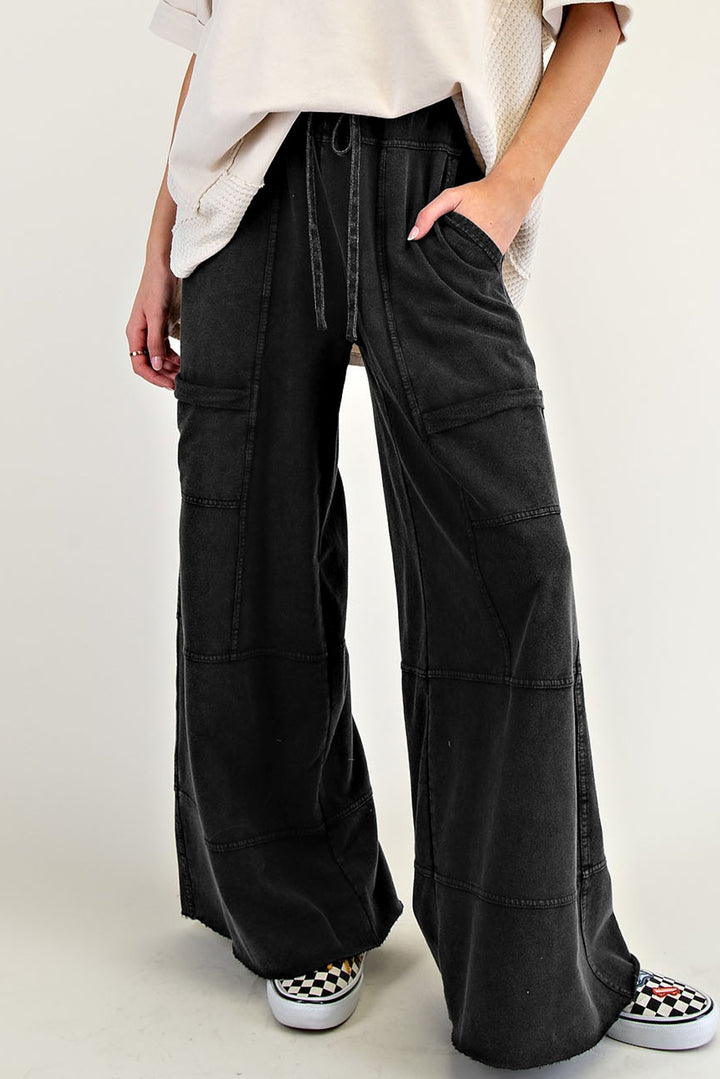 Black Mineral Wash Exposed Seam Drawstring Elastic Waistband Wide Leg Cargo Pants