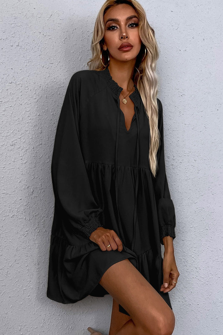 Black Tie Split Neck Smocked Detail Puff Sleeve Ruffle Hem Loose Dress