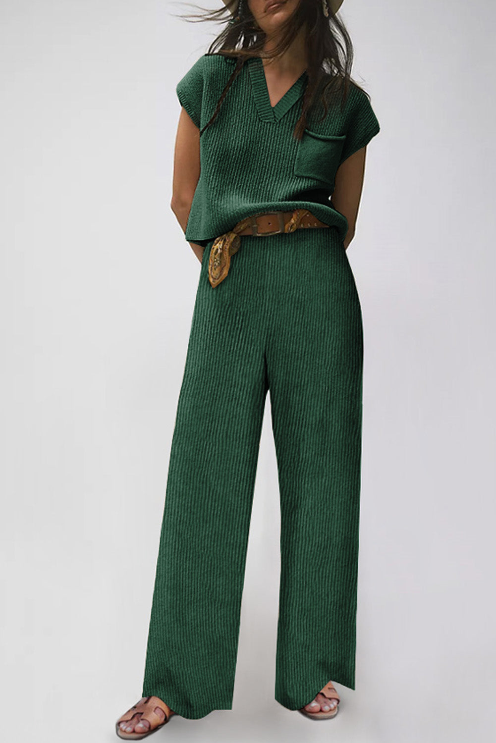 Green Knitted V Neck Sweater and Casual Pants Set | Women