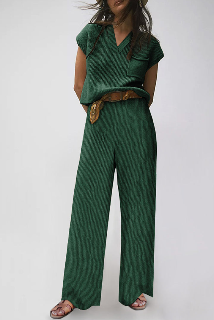 Green Knitted V Neck Sweater and Casual Pants Set | Women