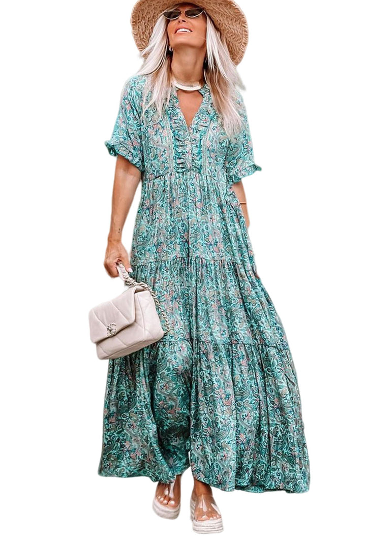 Sky Blue Paisley Print Boho Holiday Ruffle Tiered Maxi Dress