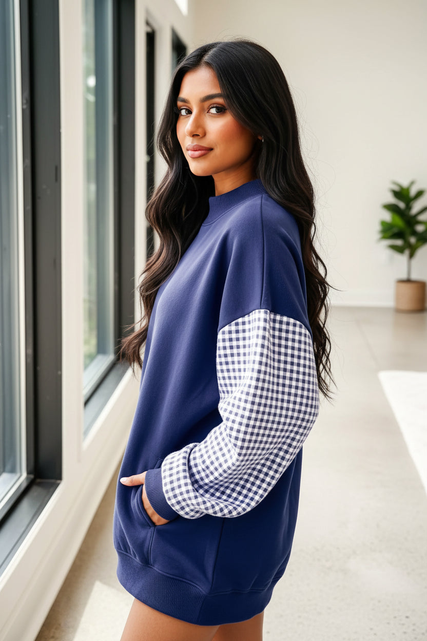 Dirty blue Plaid Sleeve Colorblock Loose Tunic Sweatshirt