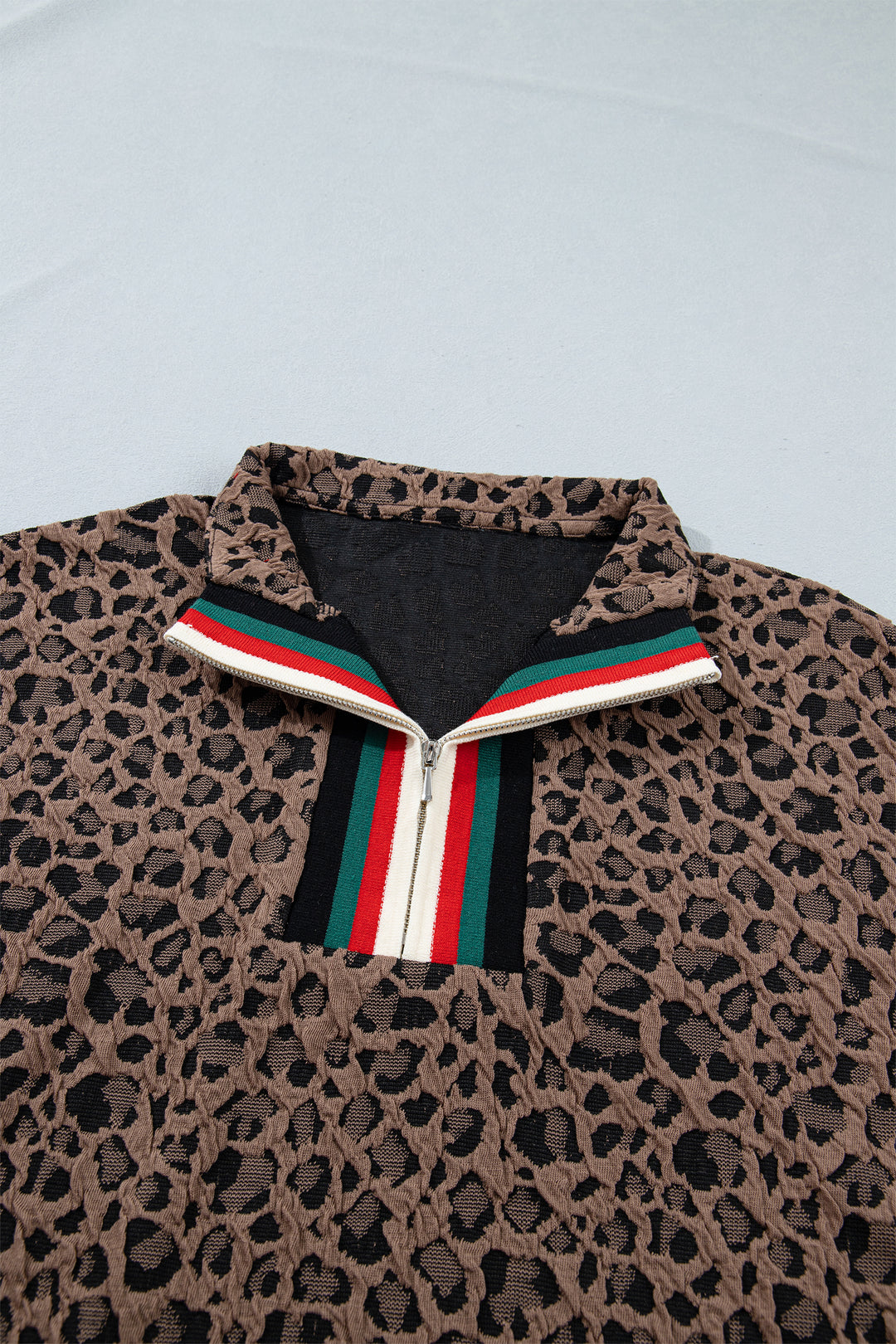 Brown Leopard Jacquard Striped Patchwork Half Zip Short Sleeve Blouse
