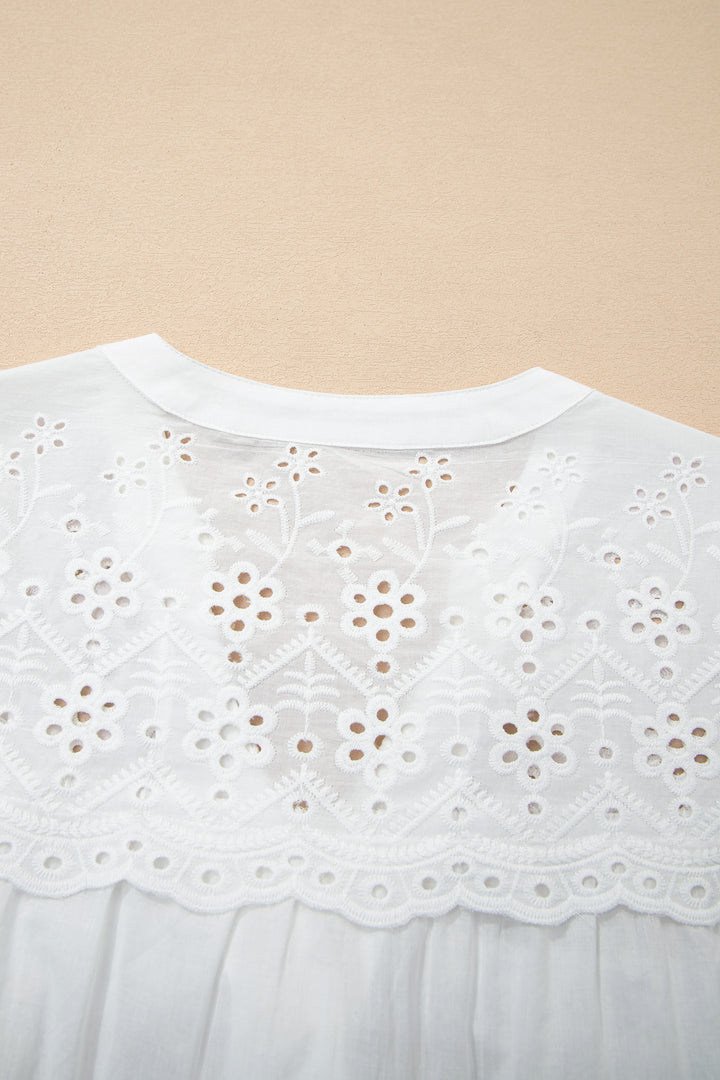 White Flower Eyelet Embroidered Patchwork Sheer Short Sleeve Cotton Shirt