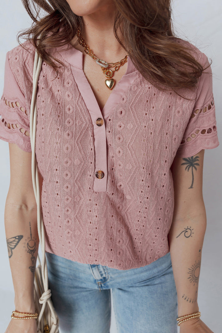 Fushia Textured Embroidered Half Buttons Short Sleeve Blouse
