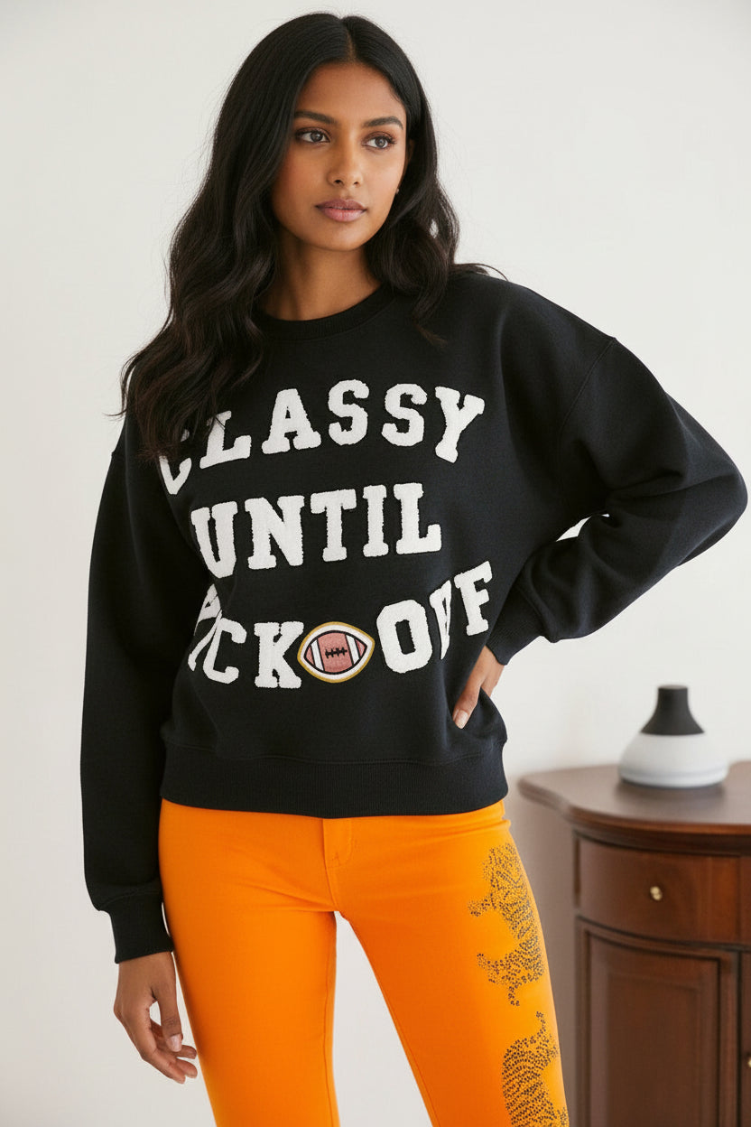 White CLASSY UNTIL KICKOFF Plush Letter Patched Loose Sweatshirt
