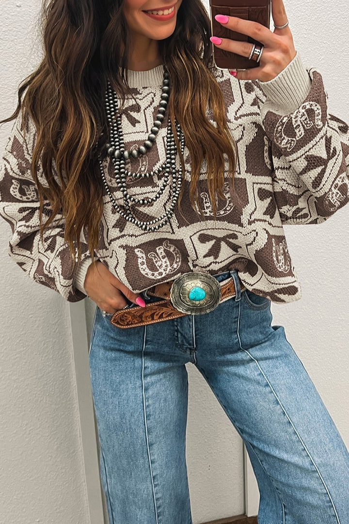 Brown Bows &amp; Horseshoes Pattern Western Fashion Print Sweater