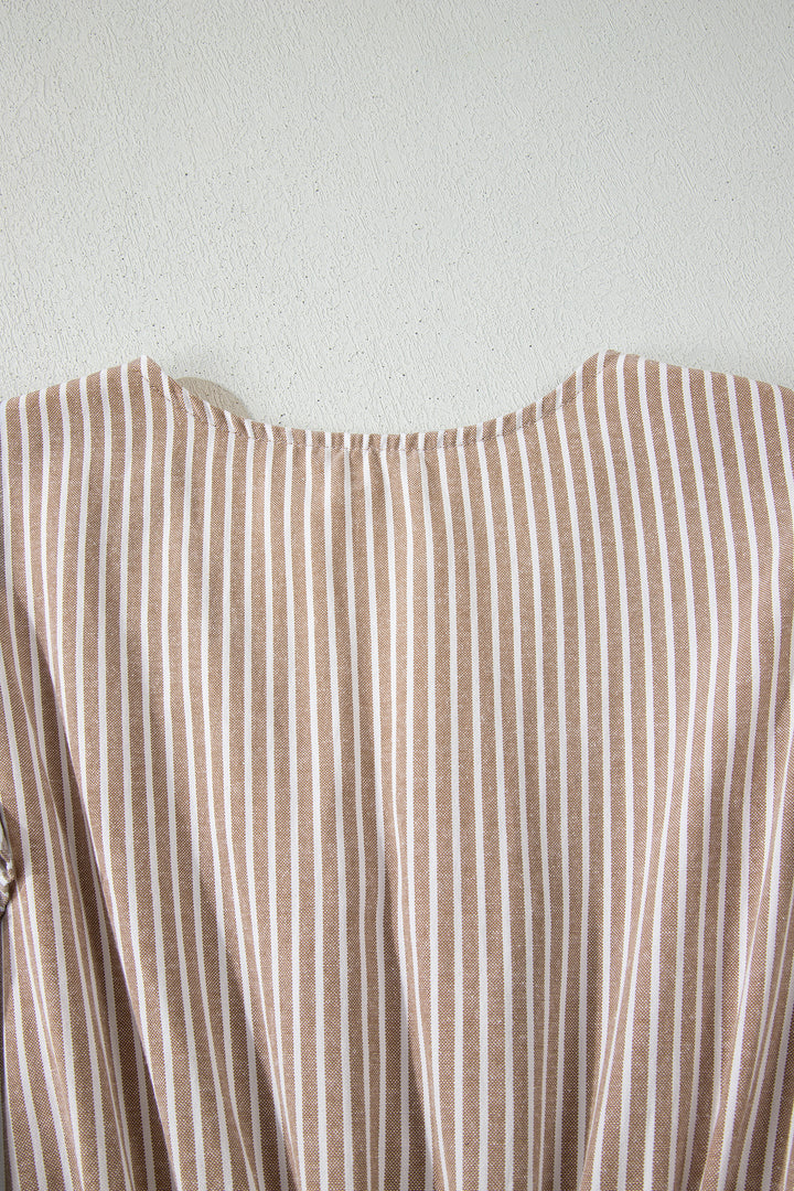 Khaki Stripe Flutter Sleeve Buttoned Front Slit Maxi Dress