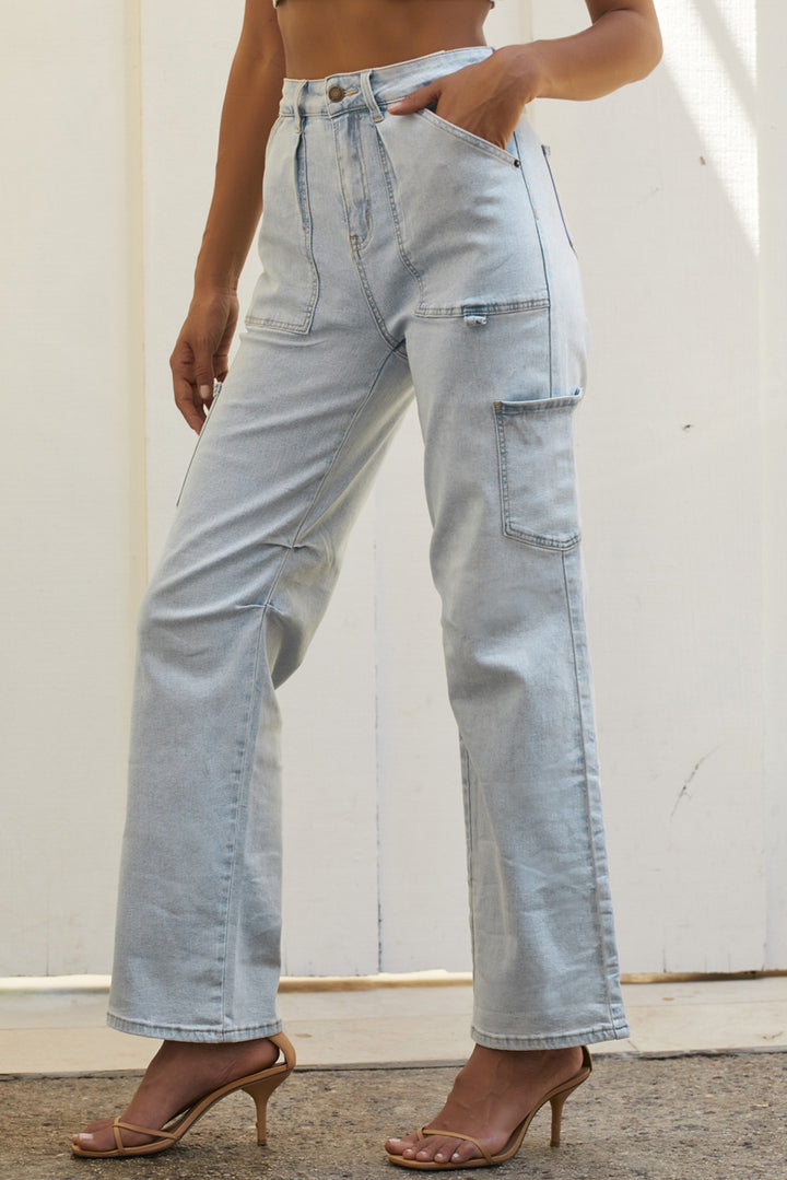 Sky Blue Multi Pocketed Y2K Street Fashion Shift Jeans