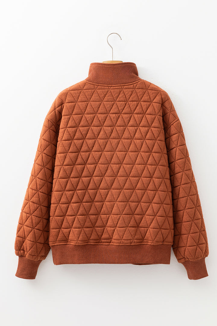 Straw Yellow Geometric Quilted Half Zipped Loose Sweatshirt