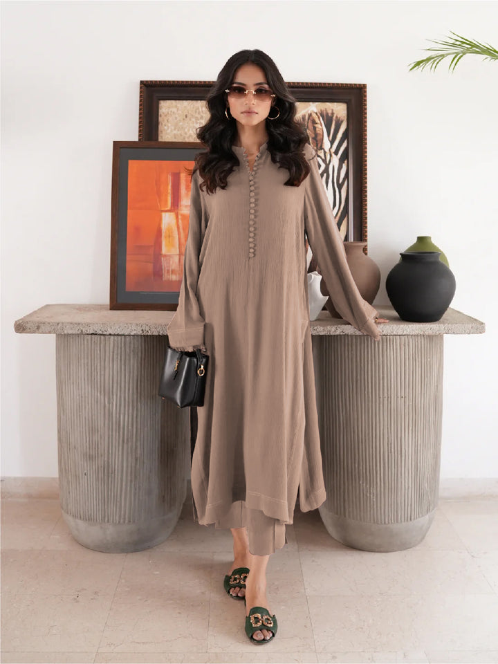 Beige Tailored Buttoned Co-Ord Set | Sophisticated Designer Wear by Errabelly