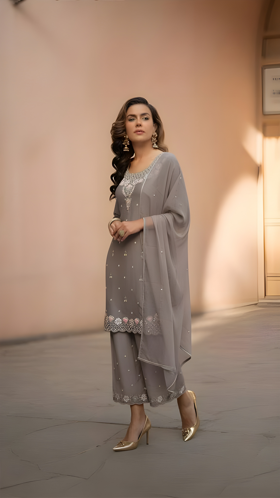 Gray with Light Pink Embroidery Premium Kurtha Set 3 Piece