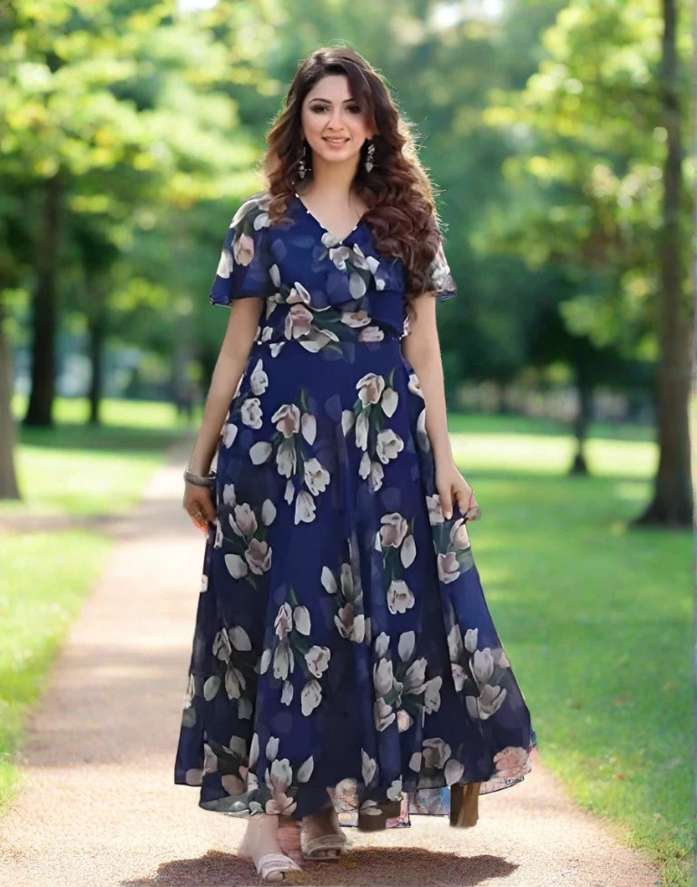 blue printed georgette flared dress| ERRABELLY