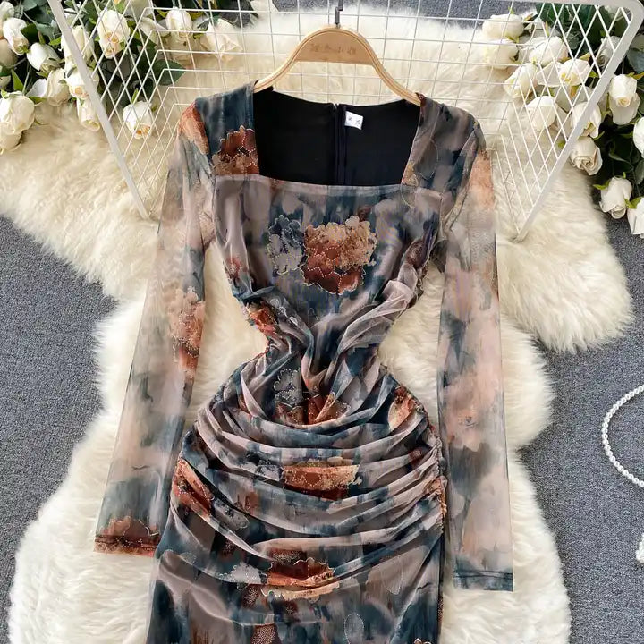 Printed Square Neck Long Sleeve Pleated Elegant Casual Dress | Women