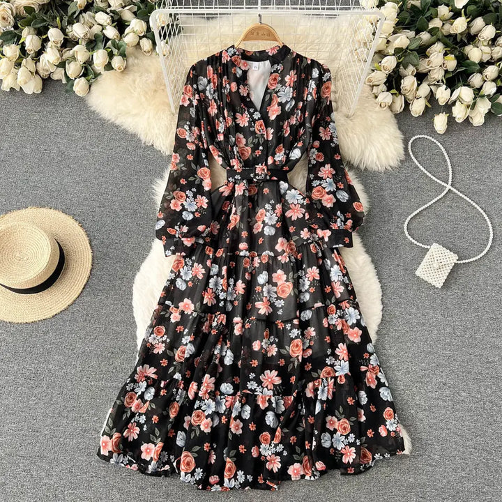 V-Neck Chiffon Floral Long Sleeve Dress Front View