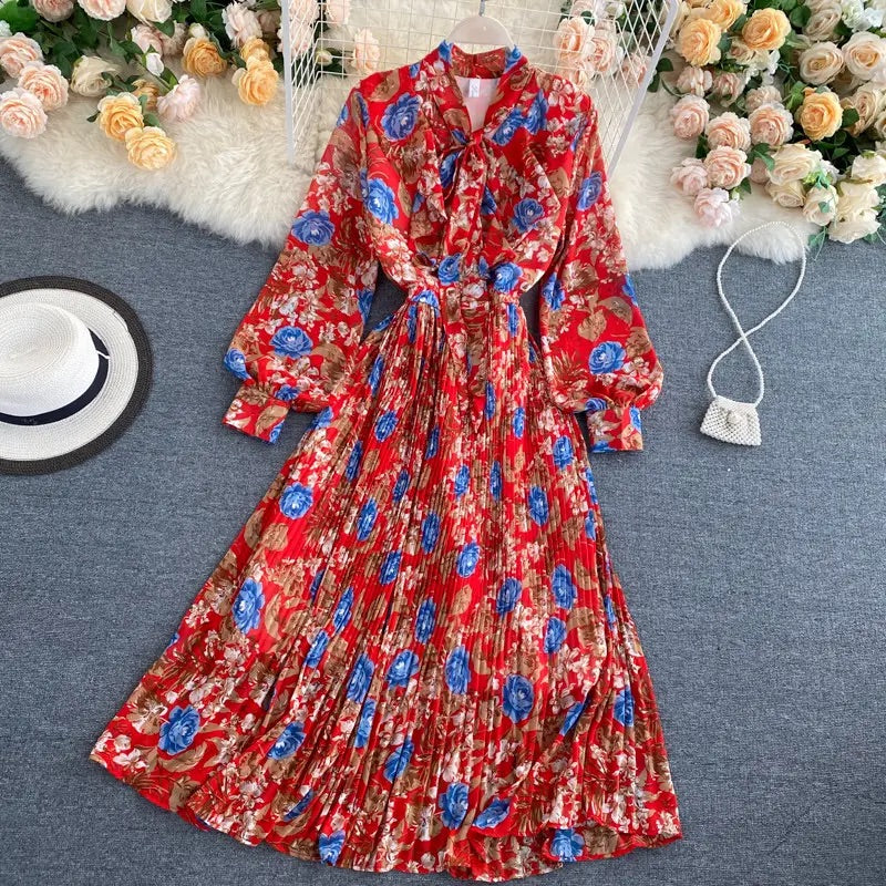 Rosy Pleated Long Sleeve Maxi Dress for Women | Elegant Evening Gown