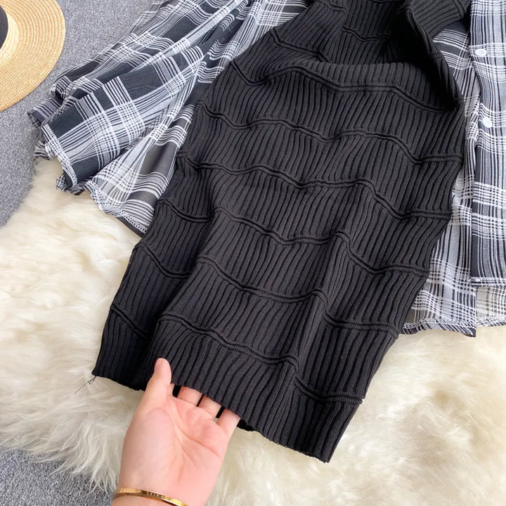 Upgrade Your Wardrobe with a White Black Stripe Casual Shirt and Sweater Plaid Knitted Cardigan