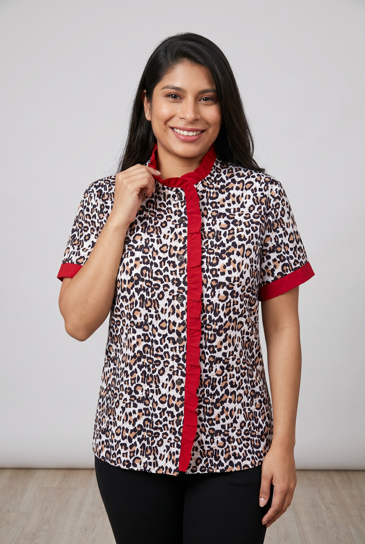 Khaki Contrast Frilled V Neck Trimmed Leopard Shirt