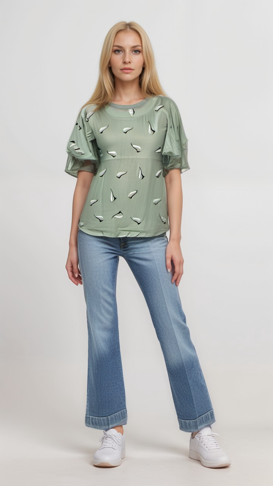 Bird Print Butterfly Sleeves Top