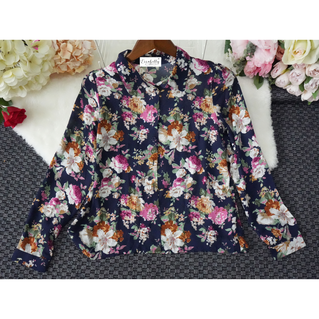 Navy Blue Floral Print Shirt | Women